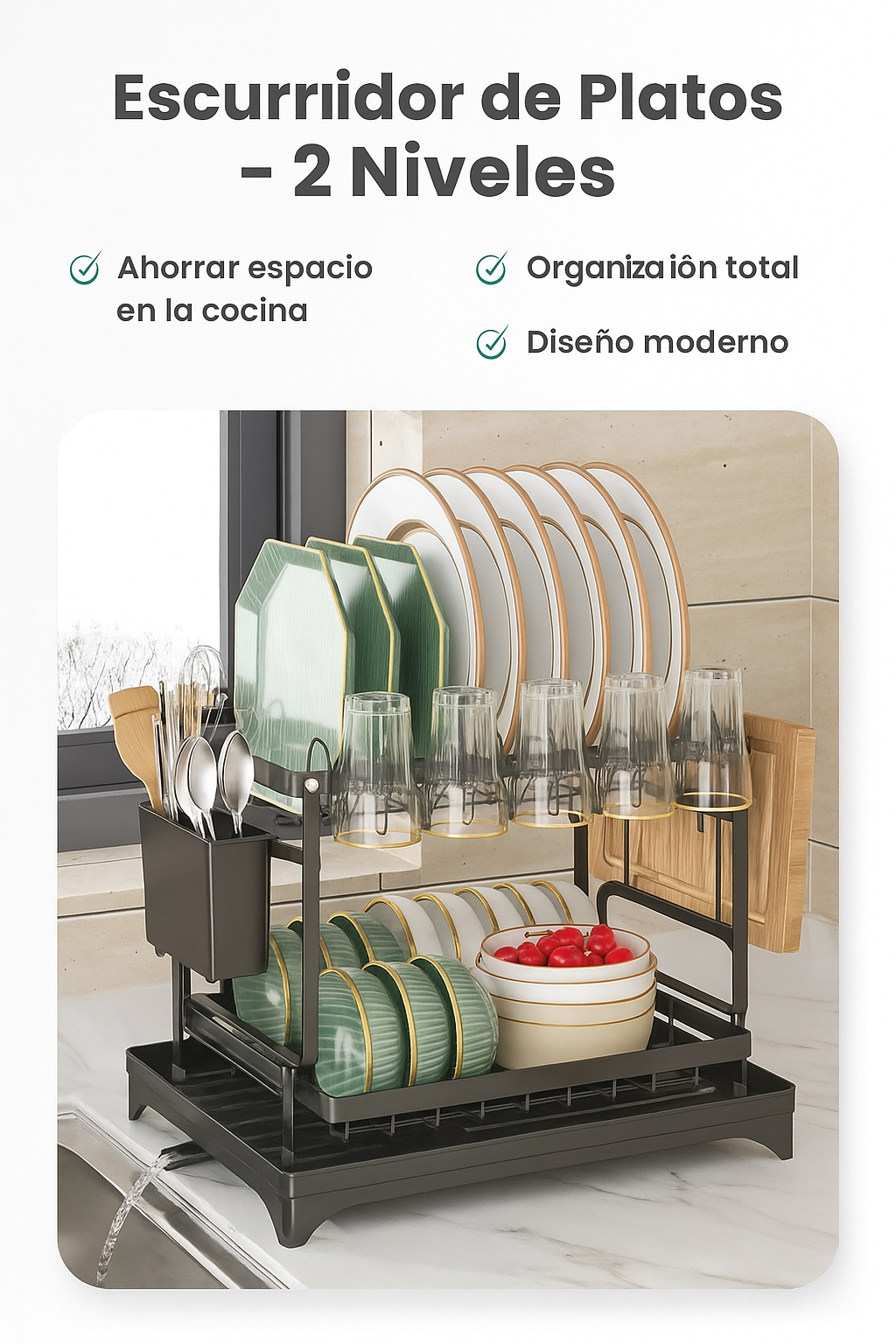 Escurridor de Platos 4 en 1 – 2 Niveles – Ahorra Espacio en tu Cocina