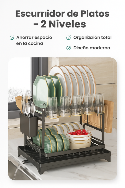Escurridor de Platos 4 en 1 – 2 Niveles – Ahorra Espacio en tu Cocina