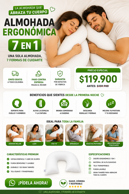 Almohada Ergonómica 7 en 1 | Descansa Mejor Desde la Primera Noche