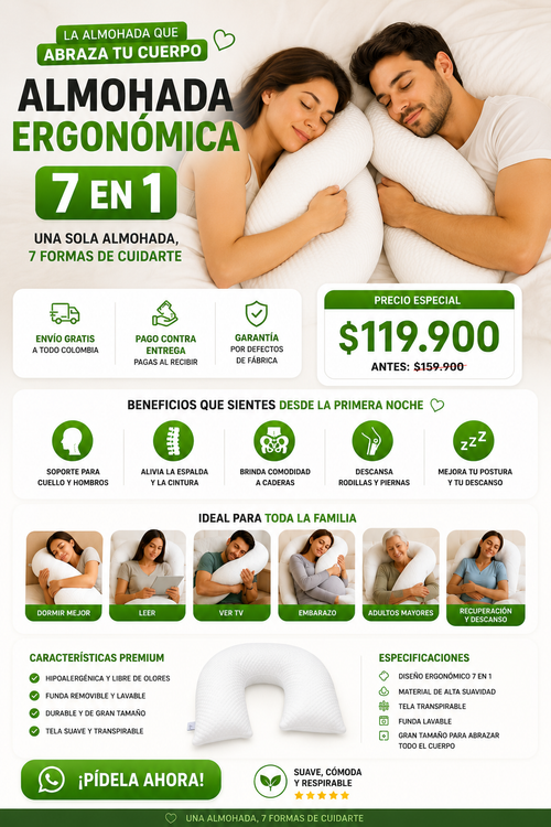 Almohada Ergonómica 7 en 1 | Descansa Mejor Desde la Primera Noche
